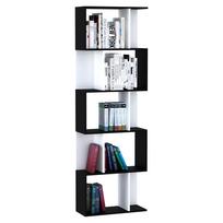 Knygų lentyna, S formos medinė knygų lentyna, 5/6 pakopų laisvai pastatoma laikymo lentyna, Dekoratyvinis stovas namų biurui, Juoda ir balta 60 x 24 x 185 cm