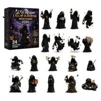 Dekoratyvinės dėžutės dalys Grim Reaper Advento kalendorius 2026, 24 dienos Helovino atgalinės atskaitos su kolekcionuojama naujiena, dovana kolekcionieriams figūrėlės, baisus A black