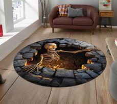 2D Fire Pit Skull Printed Carpet Weird Decorative Circular Door Mat Living Room Bedroom Horror Home Decor, Carpet 120cm x 120cm gray