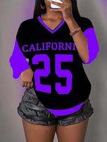Women's California NO.25 Print V-Neck Short Sleeve T-Shirt Summer Graphic Tee Jerseys Plus Size Sport T-Shirt 3XL white