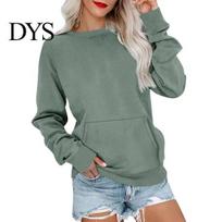 Spring Autumn Winter Top Women Sweatshirt with Big Front Pocket Long Sleeves Round Neck Loose Commuting Style Solid Color Mid Length Elastic S