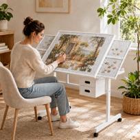 1000 detalių dėlionė metalinis stalo pagrindas suaugusiems dovana su 4 padėklais ir 2 stalčiais (baltas) 90 x 60 x 80 cm balta