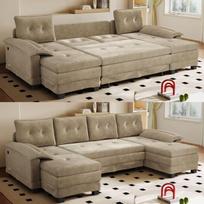 278 cm U formos miegamoji sofa, transformuojama kampinė sofa su ištraukiama lova, su USB įkrovimo funkcija, nuimamos porankių pagalvėlės, kupranugario spalvos 278 x 127 x 87 cm