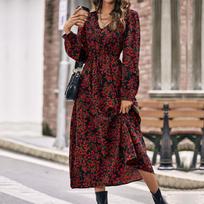 Spring and Autumn Temperament Women's Clothing Long Sleeve Red Printed Dress Long Dress XS juoda