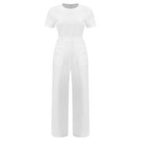 Womens Scrubs Rompers Short Sleeve Front Big Patch Pockets Back Zipper Straight Leg Wide Leg Jumpsuit S white