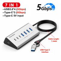 7 Ports USB A USB C Hub 3.0 Docking Station 5Gbps Type C Splitter Extension Multi Socket Aluminum Adapter PC Laptop Accessories 10Gbps 7 In 1 black