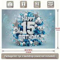 Blue Silver Themed 15th Birthday Backdrop with Balloons, Streamers and Sparkles 47.2x31.5inch/120*80cm white