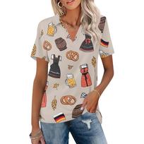 Women Casual V Neck Short Sleeve Oktoberfest Print Polo Shirt Lightweight Summer Top Relaxed Fit Blouse for Everyday Wear XL tamsiai mėlyna