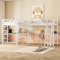 90*200cm Loft Bed, Two Bunk Beds, Table Under the Bed, Double Staircase, High Railing, White 297.5 x 205.2 x 170 cm balta