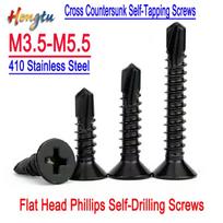 Black 410 Stainless Steel Flat Head Phillips Self-Drilling Screws (M3.5-M5.5) - Cross Countersunk Self-Tapping Screws M4.8x16mm(50pcs)