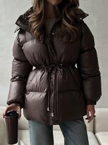 Women's Stand Up Collar Cotton-padded Jacket Drawstring Big Poicket Design Zipper Hooded Warm Cotton Jacket Autumn Winter S black