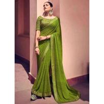 Beautiful Lahriya Printed Georgette Saree Indian Sari with Unstitched Blouse beige
