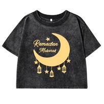 Moon Lamp Art Printed Women Washed T-Shirts  Fitness Crop Top Summer Retro Tee Shirt Slim Casual Female  Clothing M beige