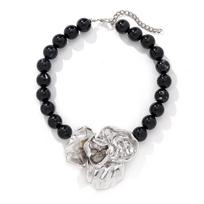 Vintage Silver Big Flower Pendant Necklace Beaded Choker for Women Girls Travel Exaggerate Fashion Jewelry Gifts New 2024 beige