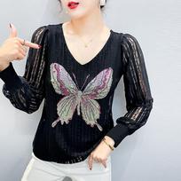 Ew Arrival Black V-Neck Lace Tops for Women Butterfly Hot Diamonds T-shirt Stylish Streetwear Designer Female Plus Size Tees 3XL juoda