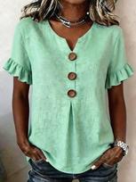 Women Solid Color V Neck Short Sleeve Button Casual T Shirt Top XXXL