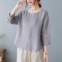 Women Round Neck Loose Three Quarter Sleeve Solid Linen Blouse M