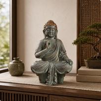 Seated Buddha Statue Antique Finish Figurine Aged Look Spiritual Decor for Living Room, Shelf gray