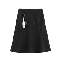 Women High Waist Midi Fishtail Skirt Solid Black Slim Flared Hem Medium Length Half Skirt S