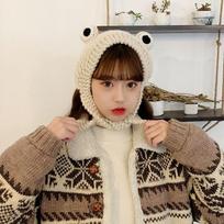 Warmer Women Cartoon Cute Big Eye Frog Knitted Ear Protective Frog Hat Beanie Hats Knitted Caps beige