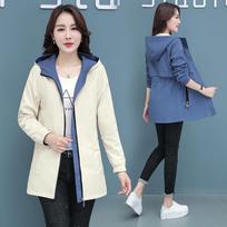 Women's Windbreaker Spring Autumn Thin Solid Coloured Hooded Zip Paragraph Reversible Waist Thin In The Long Windbreaker Versatile Jackets 4XL