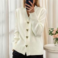 Autumn and Winter Solid Color Long Sleeved V-neck Knitted Cardigan Sweaters Jacket Heart-shaped Button Women's Sweaters S white