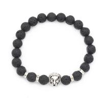 Lion Head Lava Stone Beaded Bracelet - Popular European & American Stone Round Bead Ornament black