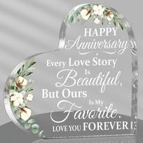 Anniversary Wedding Gift for Her Him - Heart-Shaped Acrylic Keepsake with Floral Design &  Happy Anniversary  Message, Vintage Style, No Electricity N 10x10cm white
