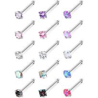 15 dalių cirkonio nosies stud ir auskarų rinkinys: Nerūdijančio plieno tiesūs strypeliai nosies auskarui 0.8mm Thickness * 7mm Length * 3mm Zircon