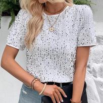 TIFICY Women's Fashion Casual Summer Spring Solid Color Print Short Sleeve O-Neck Blouses & Shirts S