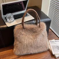 Women Fashion Plush Shoulder Bag Solid Color Woven Strap Large Capacity Soft Material Lightweight Daily Commute Handbag 38x5x32cm