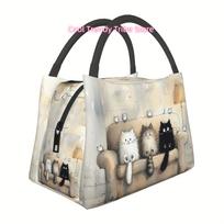 Adorable Feline Design Insulated Lunch Tote - Rectangular Polyester Bag Featuring an Animal Motif, Easy to Clean by Hand, Portab One Size beige