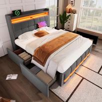 Apmušalas lovos 140*200 cm su LED apšvietimu ir USB lizdu, galvūgalis su lentynomis ir saugykla su 4 stalčiais, dvigulė lova, lininis audinys pilkas 150 x 221 x 115 cm pilka