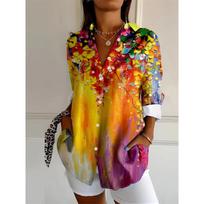 Summer Floral Print Shirt Ladies Daily Casual Big Size Long Sleeve Shirt Loose Comfortable Lapel Fashion Trend Ladies Shirt S
