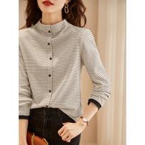 Women's 2023 Winter Color-Block Striped Semi-High Neck Long Sleeve Base Layer Top L beige