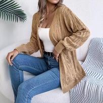 QICED Autumn and Winter Casual Solid Color Openwork Long-sleeved Cardigan Sweater Jacket Women's Wear S