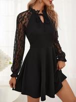 Autumn Elegant Women Solid Color French Color Block Lace Tie Long Sleeve Dress Mature Style French Retro Patchwork Slim Sexy Elegant Women Maxi Dress S