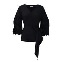 New summer fashion solid color off-the-shoulder cross-strap bubble sleeves sexy V-neck shirt top S