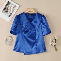 ZANZEA Women Casual Doll Collar Solid Color Short Sleeve Satin Blouse S