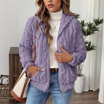 Women Plush Jacket Casual Solid Hooded Drawstring Zip Up Coat Textured Pattern Outerwear for Fall Winter XL