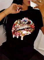 Gem Lips Rhinestone Bling Sparkle T-shirt XXXL brown