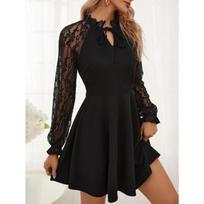 Elegant Women High Waist Solid Color Lace Tie Long Sleeve French Midi Dress S black