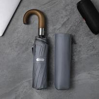 Parachase Curved Handle Retro Three-Fold Automatic Solid Wood Ten-Bone Wind-Resistant Sun Umbrella UV-Proof Sun Umbrella for Men Gray