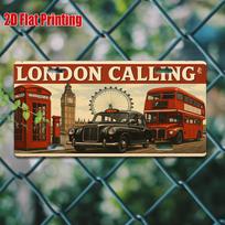 London Calling Metalo Licencijos Plokštelė - Retro Aliuminio Sienos Menas, Londono Paminklų Dizainas su Raudonu Dvigubu Autobusu ir Big Ben Laikrodžiu 15x30cm(5.9x7.8inch) beige