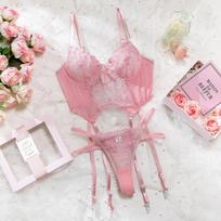 Women’s European & American Sexy Lingerie Set, Embroidered Push-Up Underwire Bra Comfortable Erotic pink Intimate Wear M rožinė