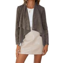 women's Solid Color Faux Suede Draped Lapel Open Front Long Sleeve Cropped Jacket Casual Outerwear S black