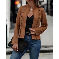 2026 New Arrival Solid Color Double-Breasted Decorative Jacket Women's Vintage Faux Suede Long Sleeve Outerwear Ready Stock S brown