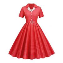 Women Evening Dress Retro Half Single-breasted A-line Big Swing Short Sleeve Turn-down Collar V Neck Plaid Print High Belted Tight Waist Lady Prom S