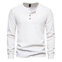 Men's Spring/Fall Waffle-Patterned Henley-Neck T-Shirt: Youth Solid-Color Minimalist Long-Sleeve Top XS
