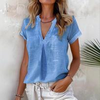 Women Casual V Neck Rolled Sleeve Solid Color Linen Blouse S gray